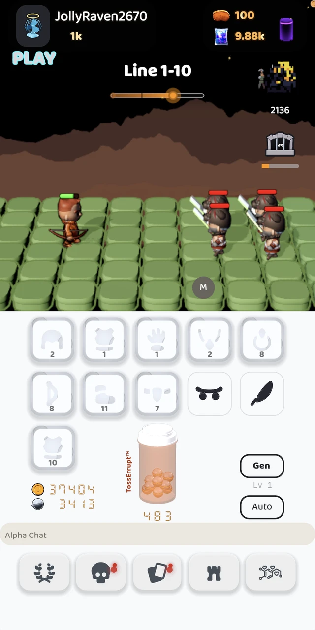 numbup today: 3D characters on a green tiled lane in front of a mountain backdrop, an archer facing three enemies with health bars, and below them the equipment slots, the pill bottle and the navigation bar.