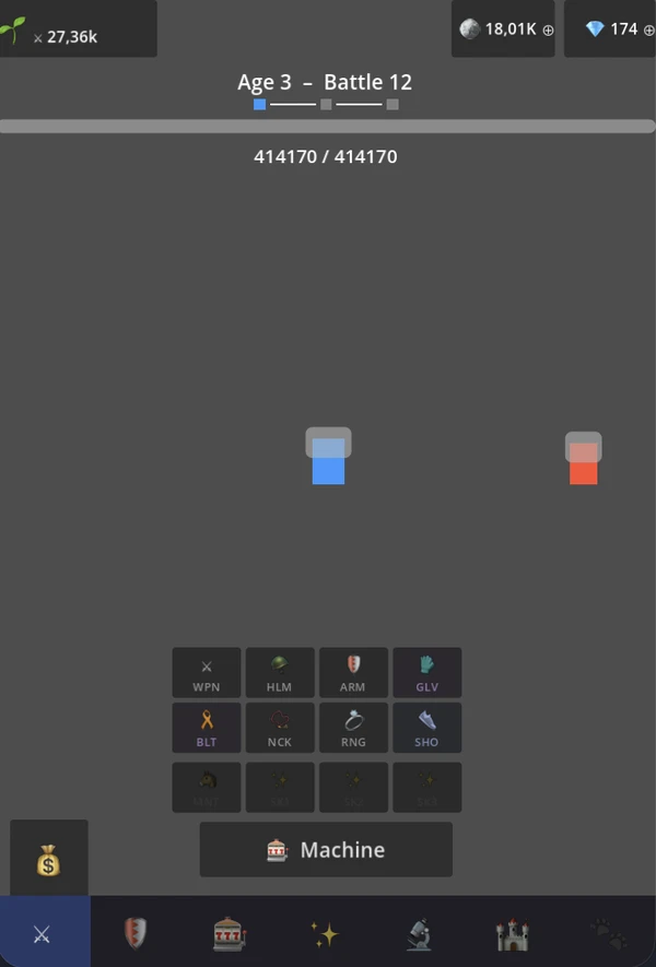 An early build of numbup: grey rectangles standing in for the player and the enemies, emoji icons in the equipment slots, and a button labelled Machine.