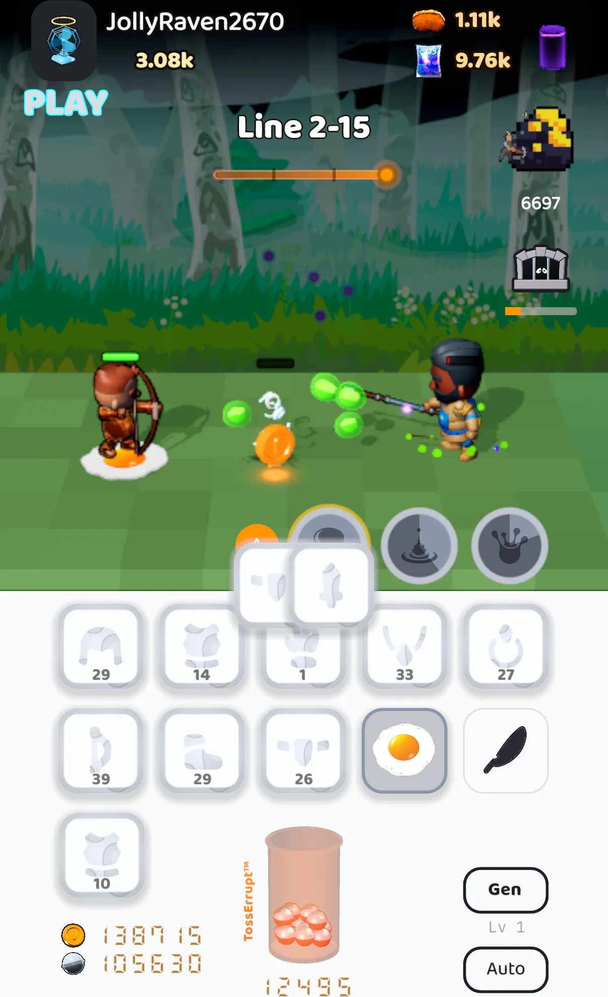 The same game running on a phone: an archer facing an enemy on a green lane in a dark forest, with the equipment slots, the pill bottle and the currency counters below it.
