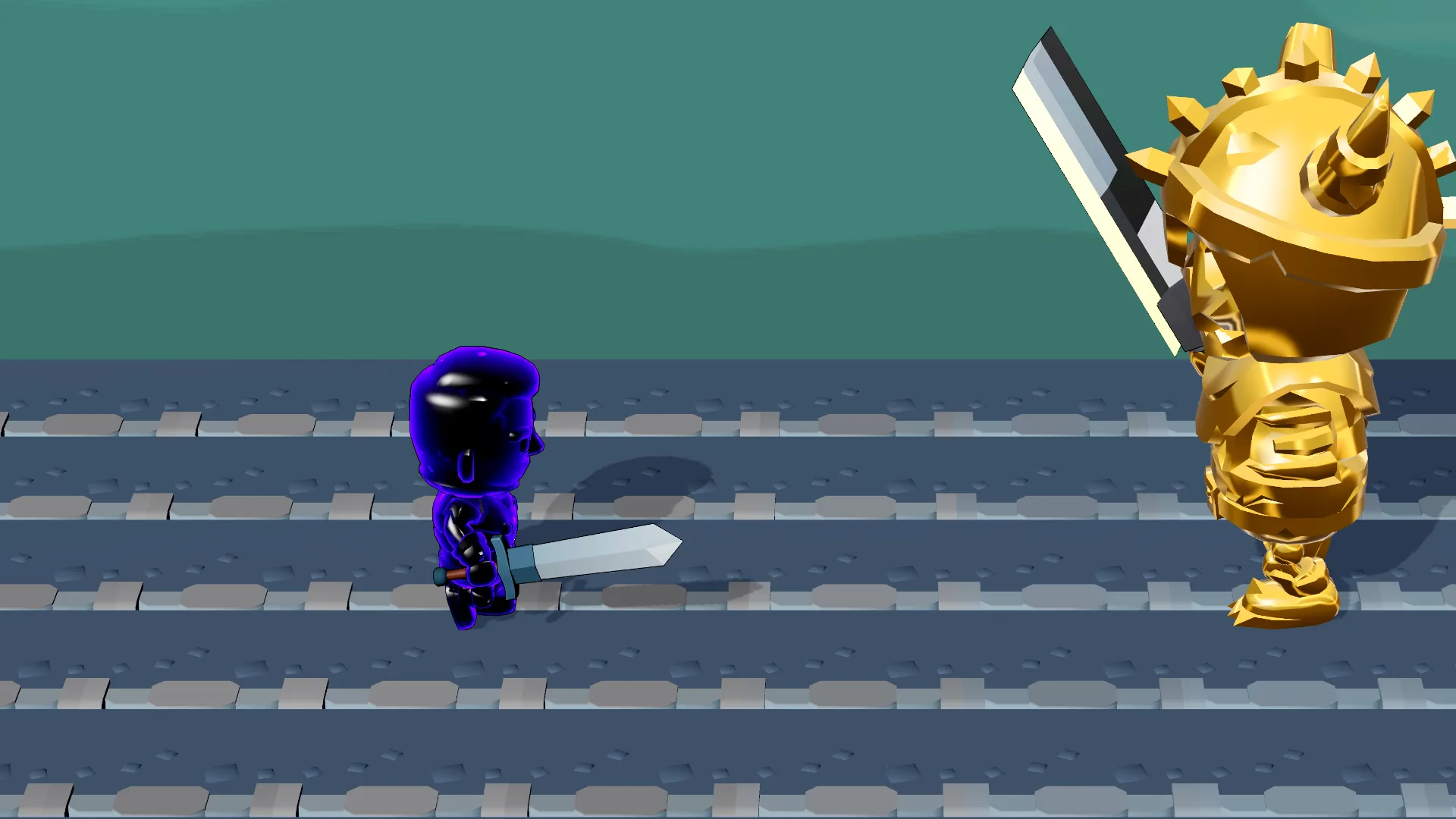A small dark violet character facing a golden boss roughly three times its size, sword raised, on a grey stone lane.