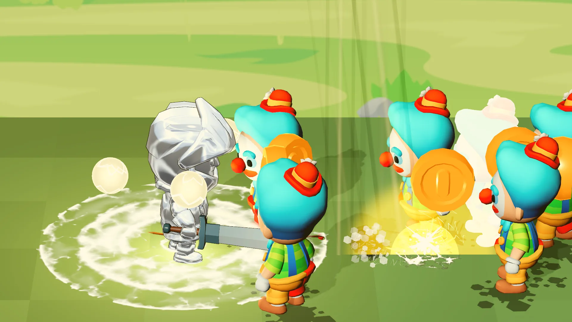 A silver-armoured character swinging a sword into a crowd of clown enemies on a green tiled lane, coins bursting out of one of them.